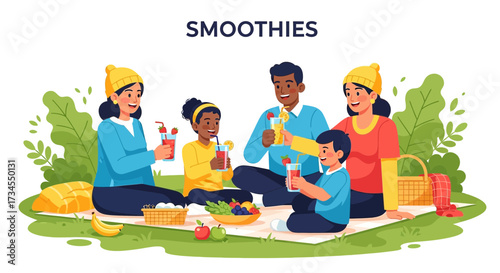 Joyful family enjoying healthy smoothies at a delightful outdoor picnic setting illustration