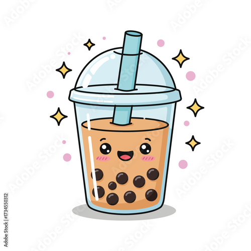 Cute bubble tea illustration kawaii style drink with tapioca pearls vector graphic for menu design