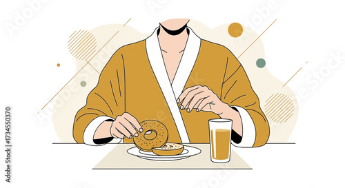 Modern illustration of a person having breakfast in a robe with minimalist design elements