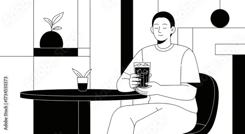 Monochrome illustration of a man enjoying a refreshing drink in a stylish interior