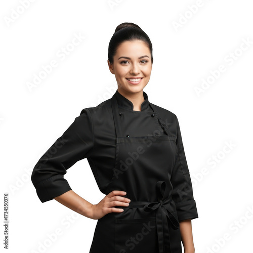 Smiling female chef wearing a black uniform with a tie belt standing confidently with one hand on her hip isolated on transparent background