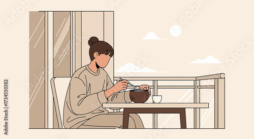 Minimalist vector illustration of a woman enjoying a meal on a balcony with a serene view enjoying