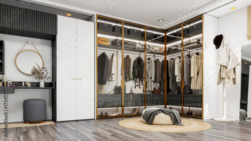 Modern Luxury Walk-In Closet Interior with Wardrobe and Dressing Table, 3D Rendering