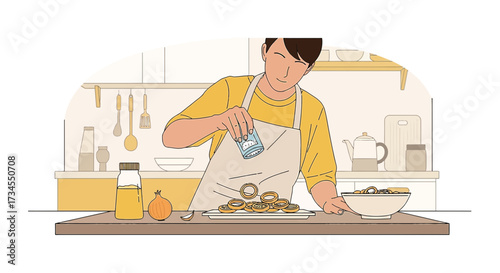 Person preparing onion rings in the kitchen with minimalist background illustration
