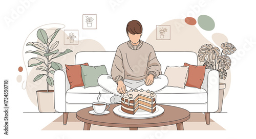 Person relaxing at home with cake and coffee, enjoying a cozy and peaceful moment illustration
