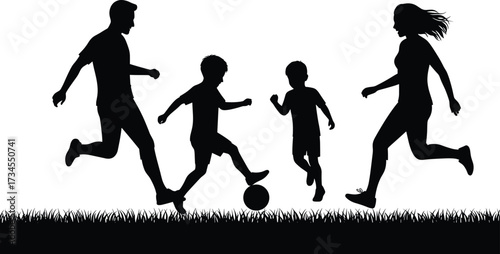 Family Playing Soccer Silhouette Grass White Background, family, soccer, silhouette, grass, playing, white, background, outdoor, sport, recreation, teamwork, childhood, parent, child, father, mother, 