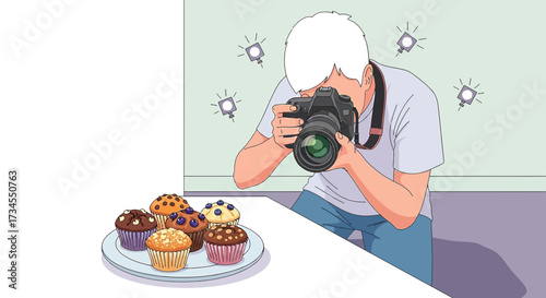 Photographer capturing muffins in a studio environment with creative lighting setups showing