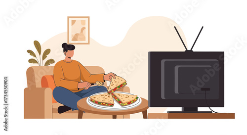 Relaxed evening routine depiction of a person enjoying snacks while watching television indoors
