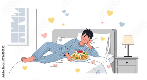 Relaxed man enjoys a plate of nachos in bed surrounded by colorful hearts illustration