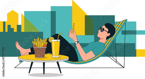 Relaxing afternoon illustration with fries, juice and smartphone in the city
