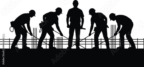 Silhouette of construction workers with rebar rods, teamwork in concrete reinforcement, foundation preparation, and structural steelwork at building construction site illustration