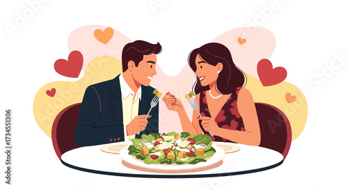 Romantic couple enjoying a healthy salad with love hearts celebrating their anniversary