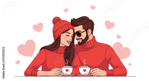 Romantic couple sharing coffee on Valentine's Day surrounded by floating hearts illustration
