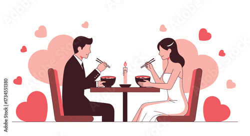 Romantic dinner scene with couple enjoying a meal surrounded by hearts creating an atmosphere of