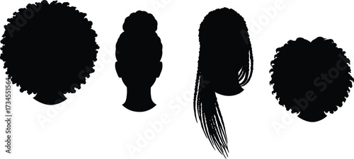 Afro hairstyle silhouette set, black woman hair vector illustration, natural curly hair clipart, African braids bun design, beauty salon hairstyle icons