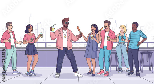 Rooftop celebration vector illustration of diverse friends gathering for happy hour and enjoying