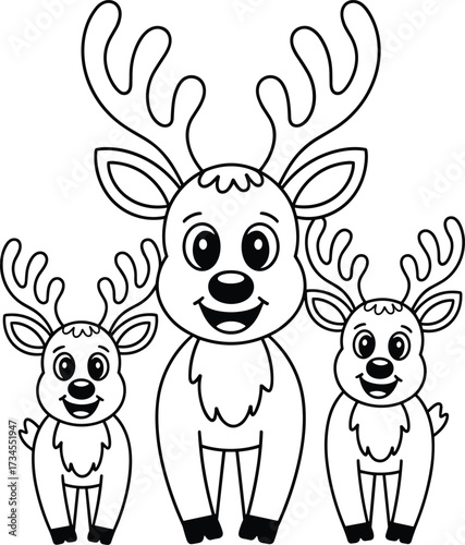 Three happy cartoon reindeer with large antlers for coloring animal character