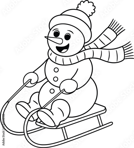 Black and white illustration of a happy snowman wearing a hat and scarf riding a sled