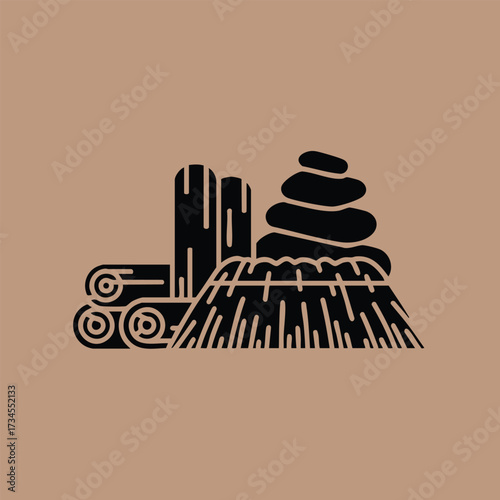 Stacked smooth stones, rolled logs, and wooden logs arranged on a neutral for relaxation and natural decor