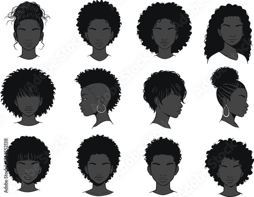 Afro hairstyle women vector set, African American female silhouette with curly hair, natural black haircuts, beauty fashion illustration design