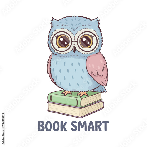 Cute cartoon owl wearing glasses sitting on books vector illustration for education and learning concepts
