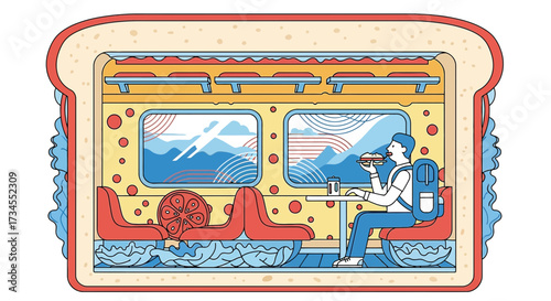 Surreal Journey: A commuter enjoys a sandwich on a train shaped like a sandwich illustration