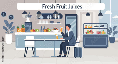 Traveler enjoying fresh fruit juice at an airport cafe perfect for a vibrant travel concept