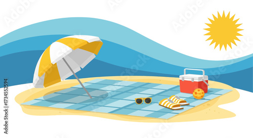 Vibrant beach scene with sun umbrella cooler bag sunglasses and flip flops on sand featuring ocean