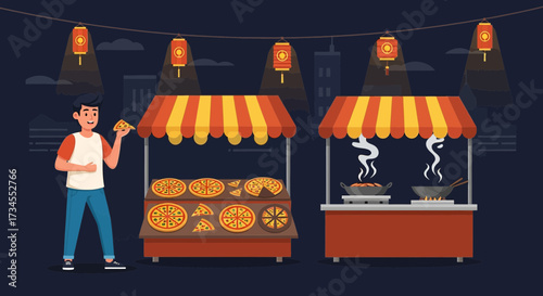 Vibrant night market scene with food stalls offering pizza and cooking with asian cuisine