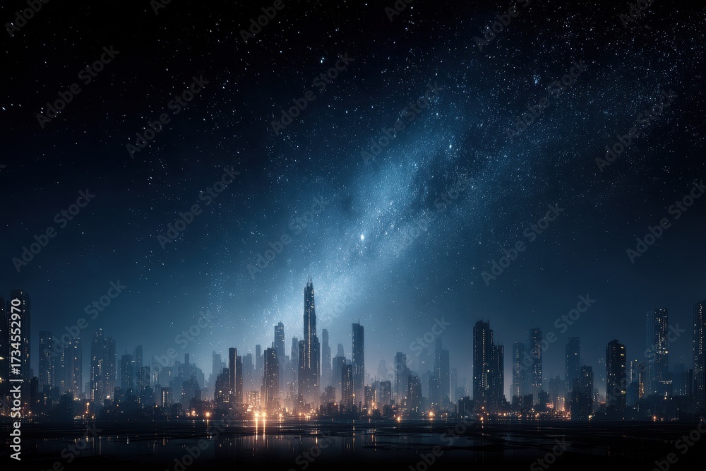 Fototapeta premium Nighttime cityscape with illuminated skyline and star-filled sky