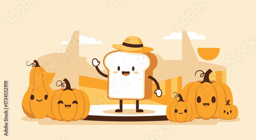 Whimsical autumn illustration featuring a smiling slice of bread and adorable pumpkins on beige