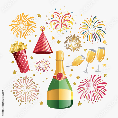 Celebration elements including champagne bottle fireworks party hat and glasses.