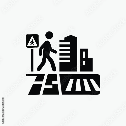 Pedestrian Crossing in Urban Environment with Signage and Tall Buildings