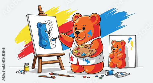 Whimsical gummy bear artist at work painting a portrait with colorful paint strokes and artistic