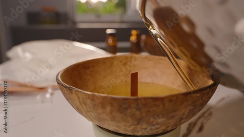 Final Drops of Melted Wax Falling From Silver Pot Into Coconut Bowl Slow Motion, Candle Crafting Hobby Concept