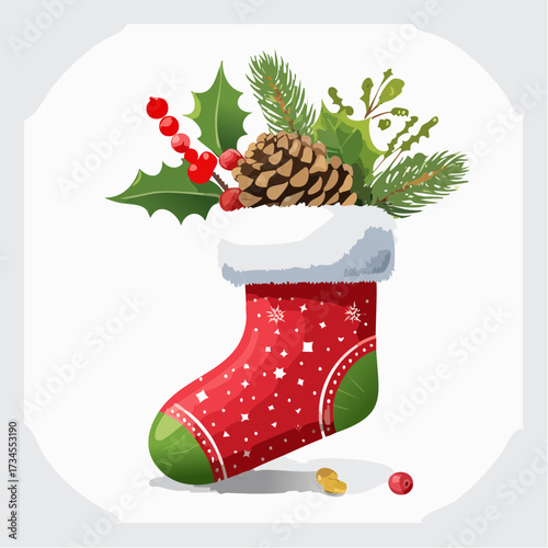 Christmas stocking with decorations and pine cone holiday season.
