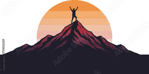 Hiker Celebrating on Mountain Peak Sunset Silhouette, silhouette, hiker, climber, mountain, peak, summit, success, celebration, arms raised, victory, achievement, sunset, sun, sky, orange, red, stripe