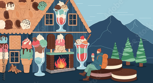 Whimsical Ice Cream House with Mountain Backdrop a Sweet Treat Paradise Adventure