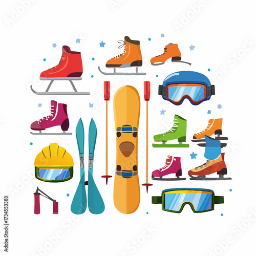 Collection of winter sports equipment and gear illustration.