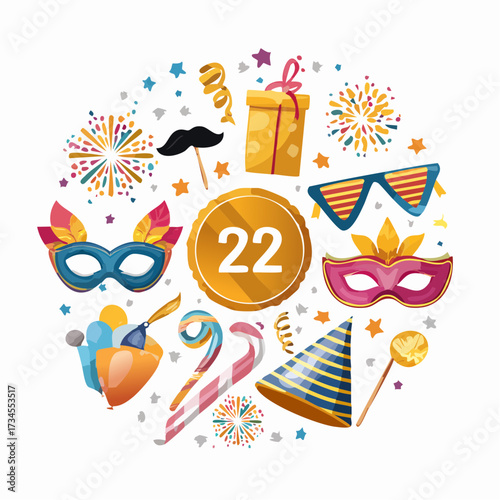 Festive Celebration with Masks Confetti and Party Favors.