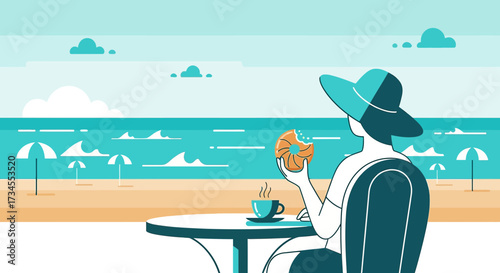 Woman enjoying a donut and coffee at a beach cafe with serene ocean view scene