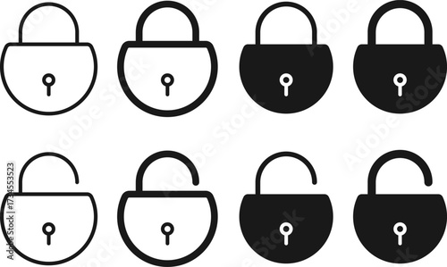 locked and unlocked icon set. Lock unlock symbol. Privacy or protection icons collection. Safety sign