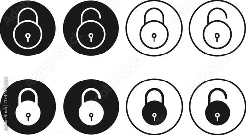 locked and unlocked icon set. Lock unlock symbol. Privacy or protection icons collection. Safety sign