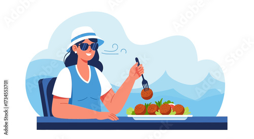 Woman enjoying falafel outdoors with a scenic view in a relaxed and happy atmosphere