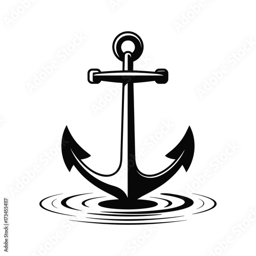 Classic marine anchor icon resting steadfastly in calm rippling water waves