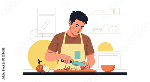 Young man preparing food in the kitchen at home with healthy ingredients like onion