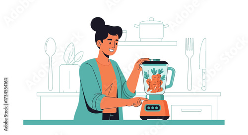 Young woman making healthy carrot smoothie in blender for wellness and vitality