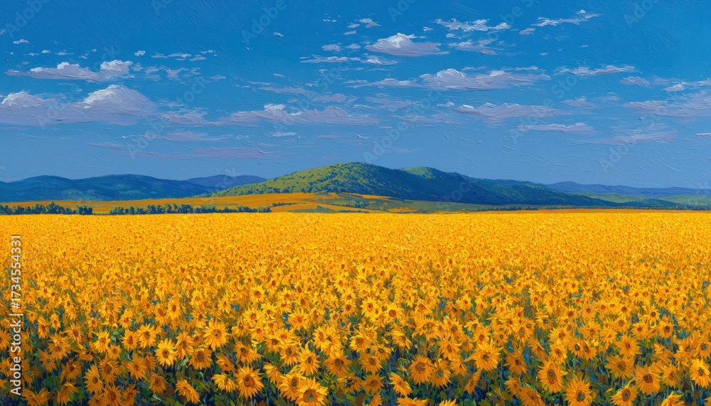 Fototapeta premium Golden Sunflower Field: A Rural Landscape Oil Painting Depicting Warm Sunlight, Orange Hills, And Blue Skies