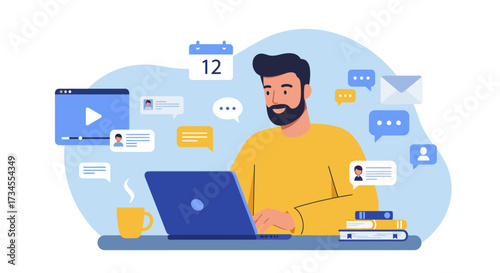 Focused bearded man engaging in efficient remote work and online communication from his home office, surrounded by digital tools and resources for productivity and connectivity