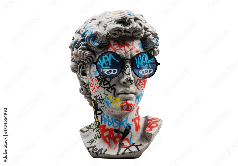 Fototapeta premium Isolated classical David bust sculpture with vibrant colorful graffiti and stylish round sunglasses representing modern street art and urban culture